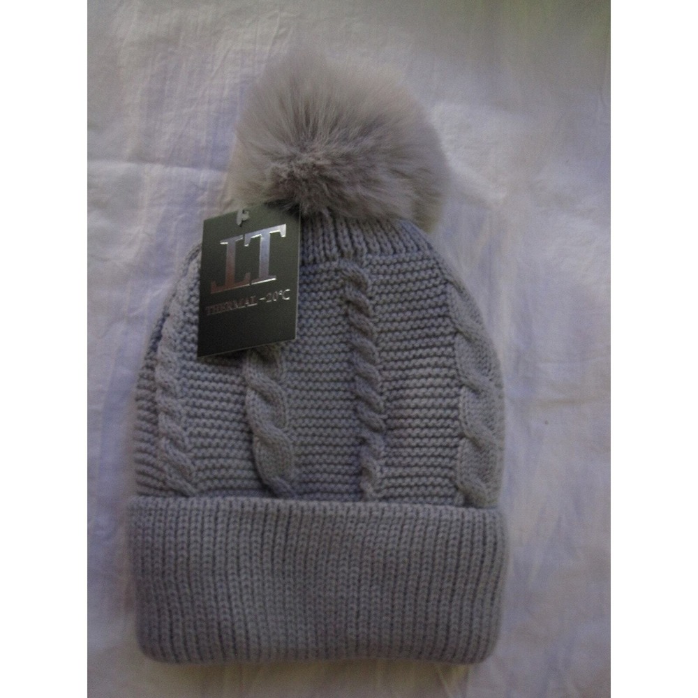 NEW‎ Thermal -20C Winter Knit Hat Beanie Tuk Insulated Grey Gray Adult Pom Pom